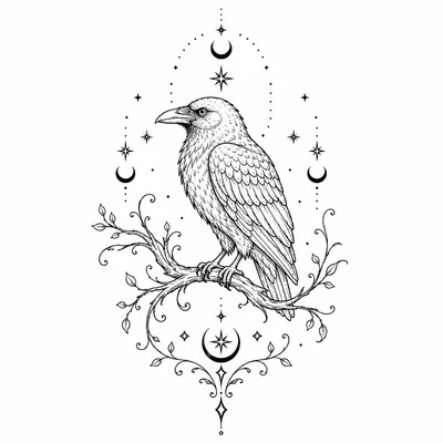 Black Raven Perched On A Decorative Branch Illustration