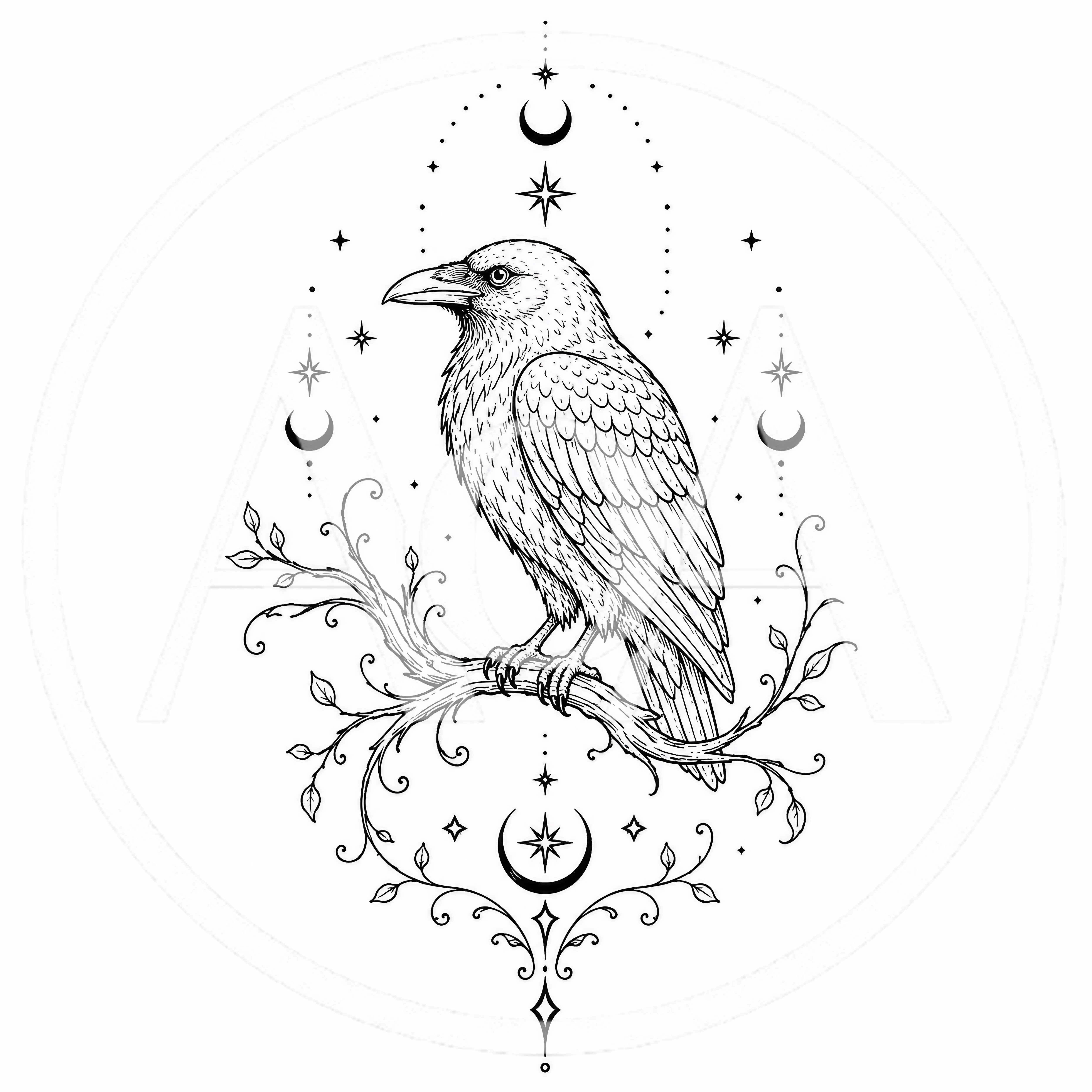 Black Raven Perched On A Decorative Branch Illustration