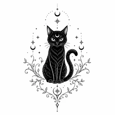 Black Cat Illustration With Celestial And Floral Elements