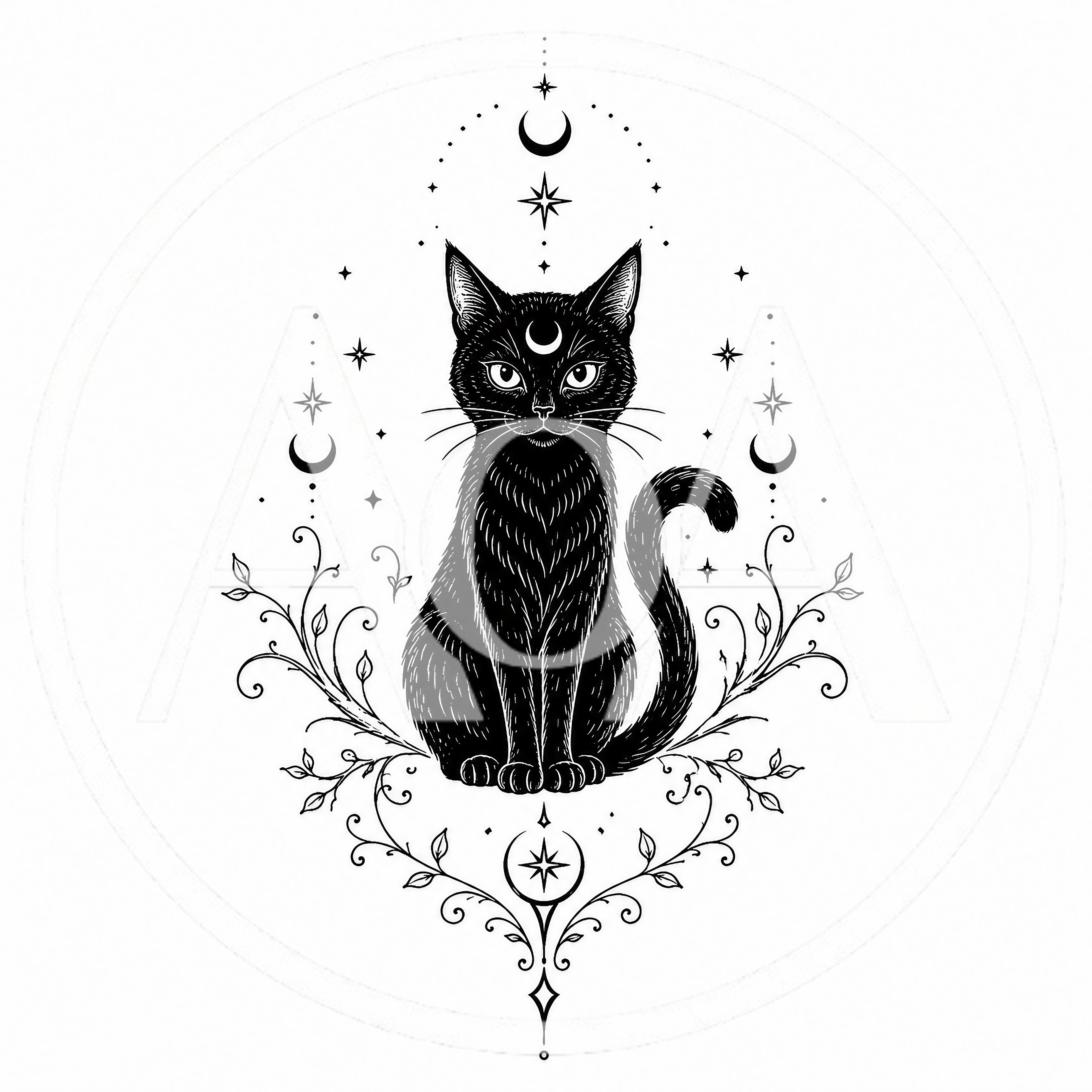 Black Cat Illustration With Celestial And Floral Elements