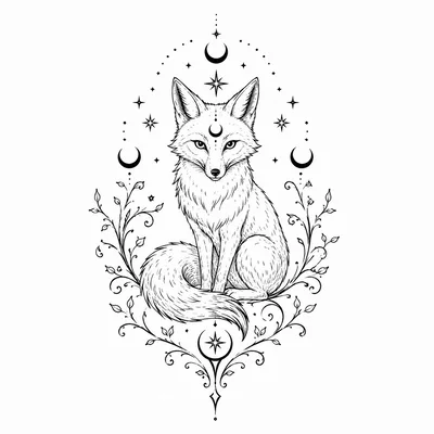 Mystical Fox Illustration With Celestial Symbols And Foliage