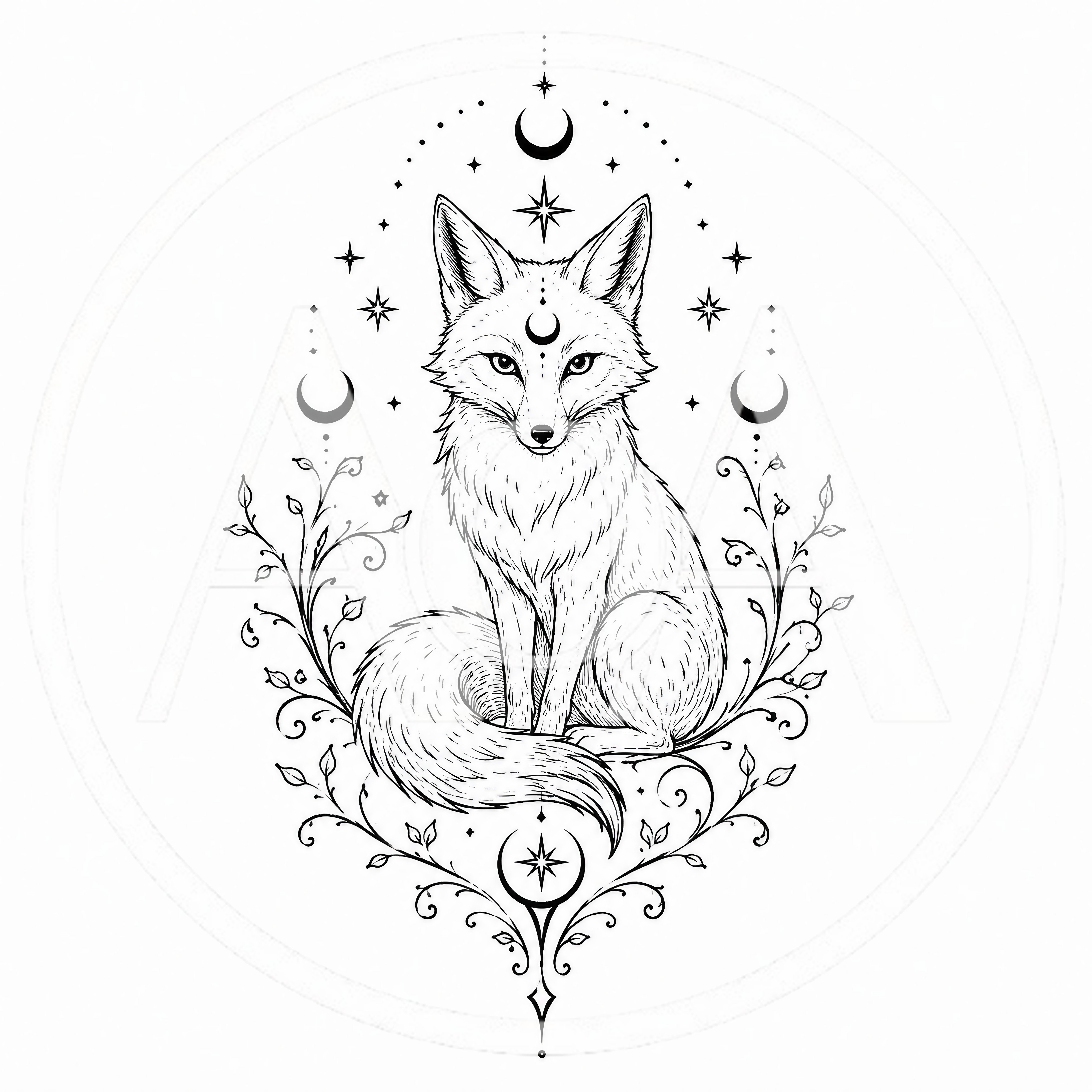 Mystical Fox Illustration With Celestial Symbols And Foliage