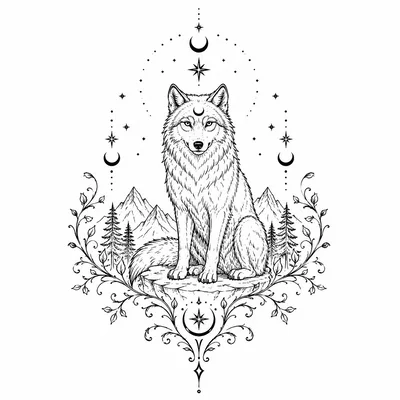 Mystical Wolf Illustration With Celestial And Nature Elements