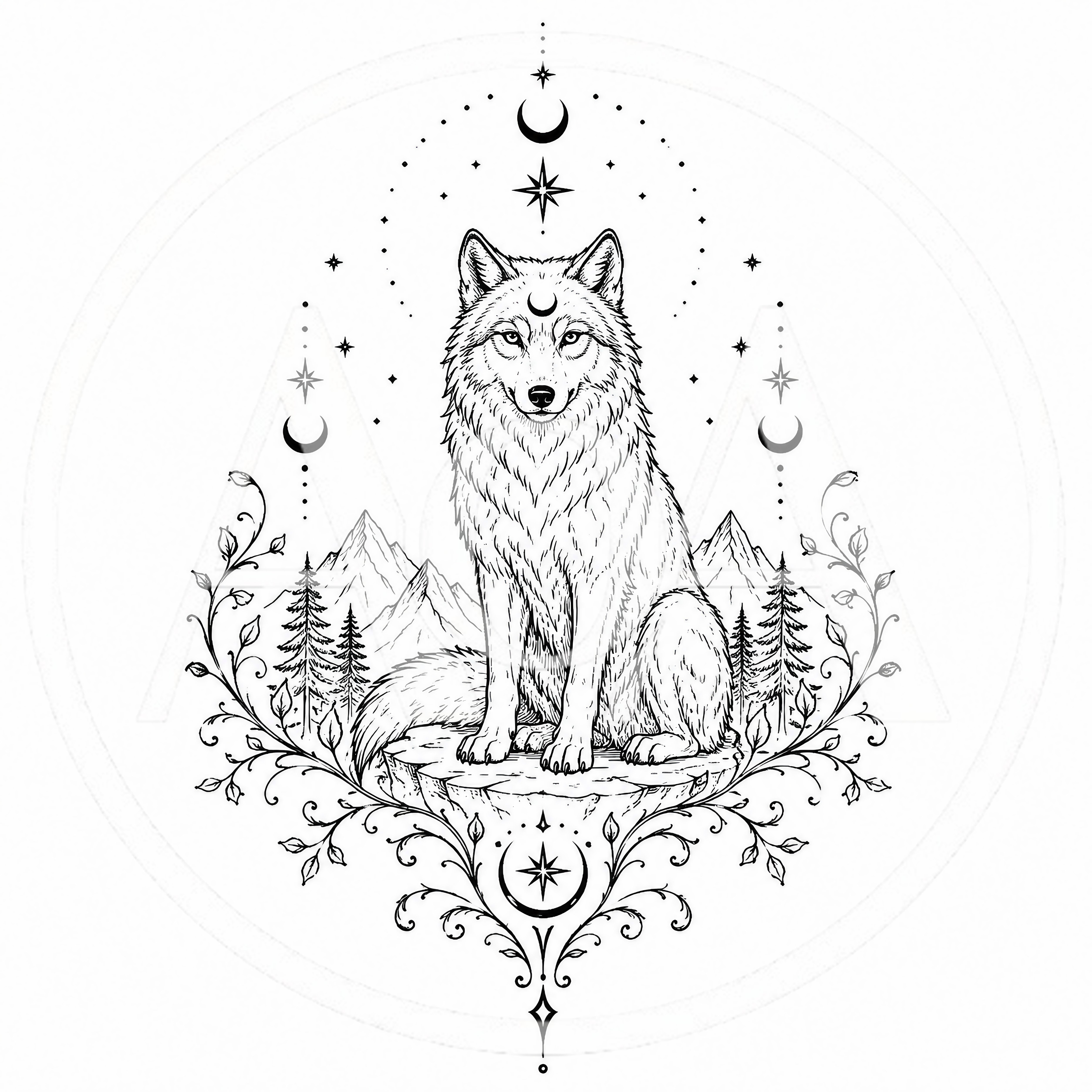 Mystical Wolf Illustration With Celestial And Nature Elements