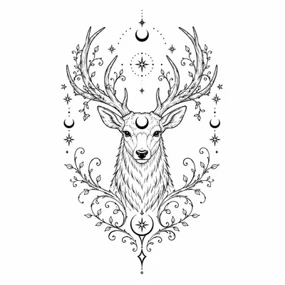 Mystical Deer Head With Celestial Symbols And Floral Vines
