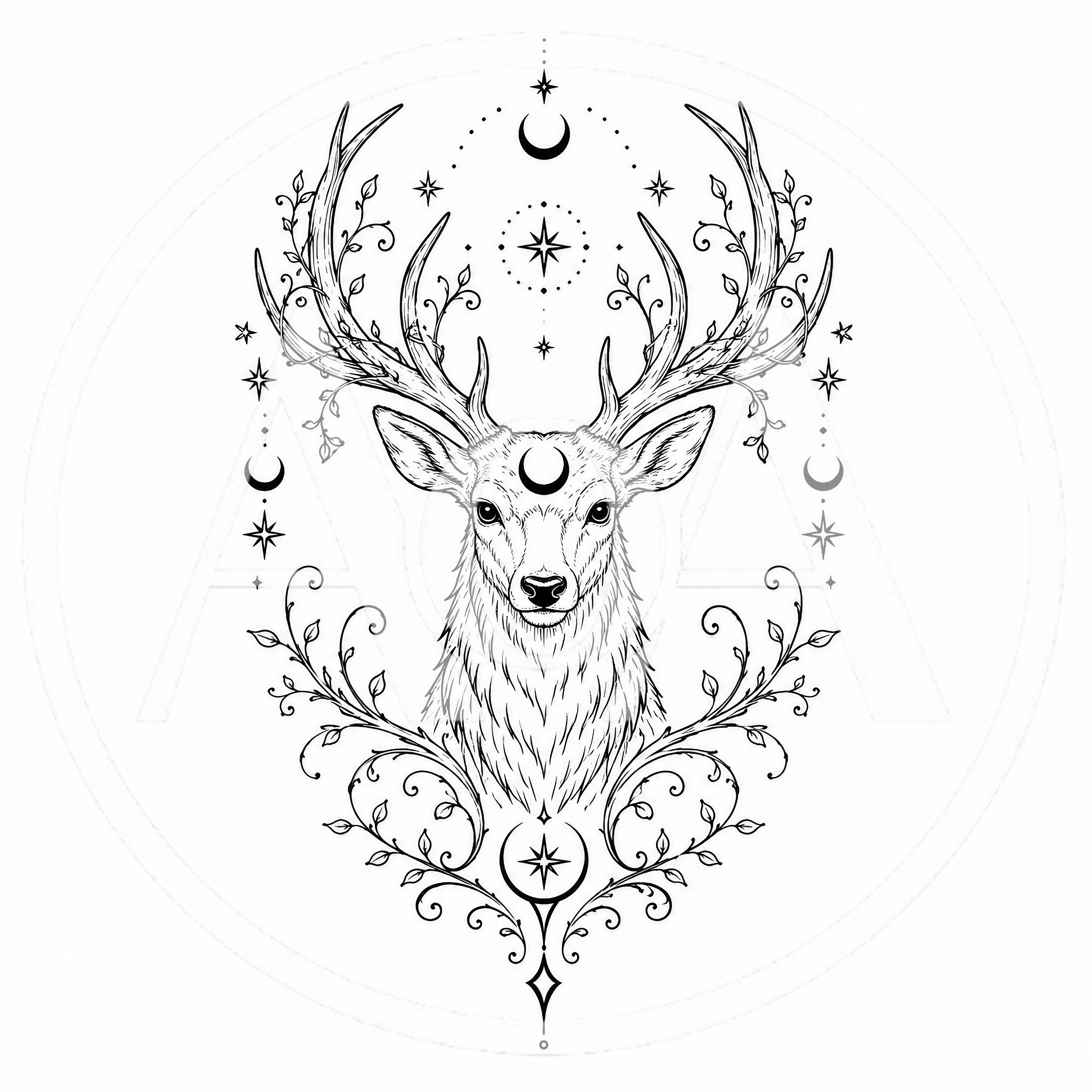 Mystical Deer Head With Celestial Symbols And Floral Vines