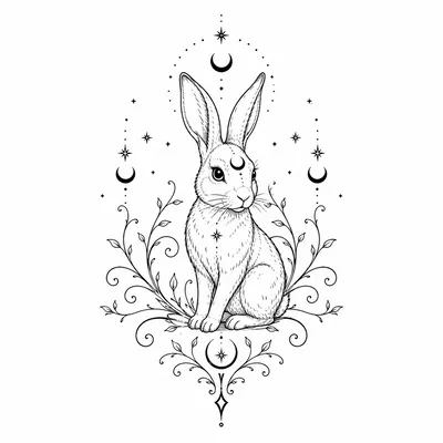 Celestial Rabbit Line Art Illustration With Floral Elements