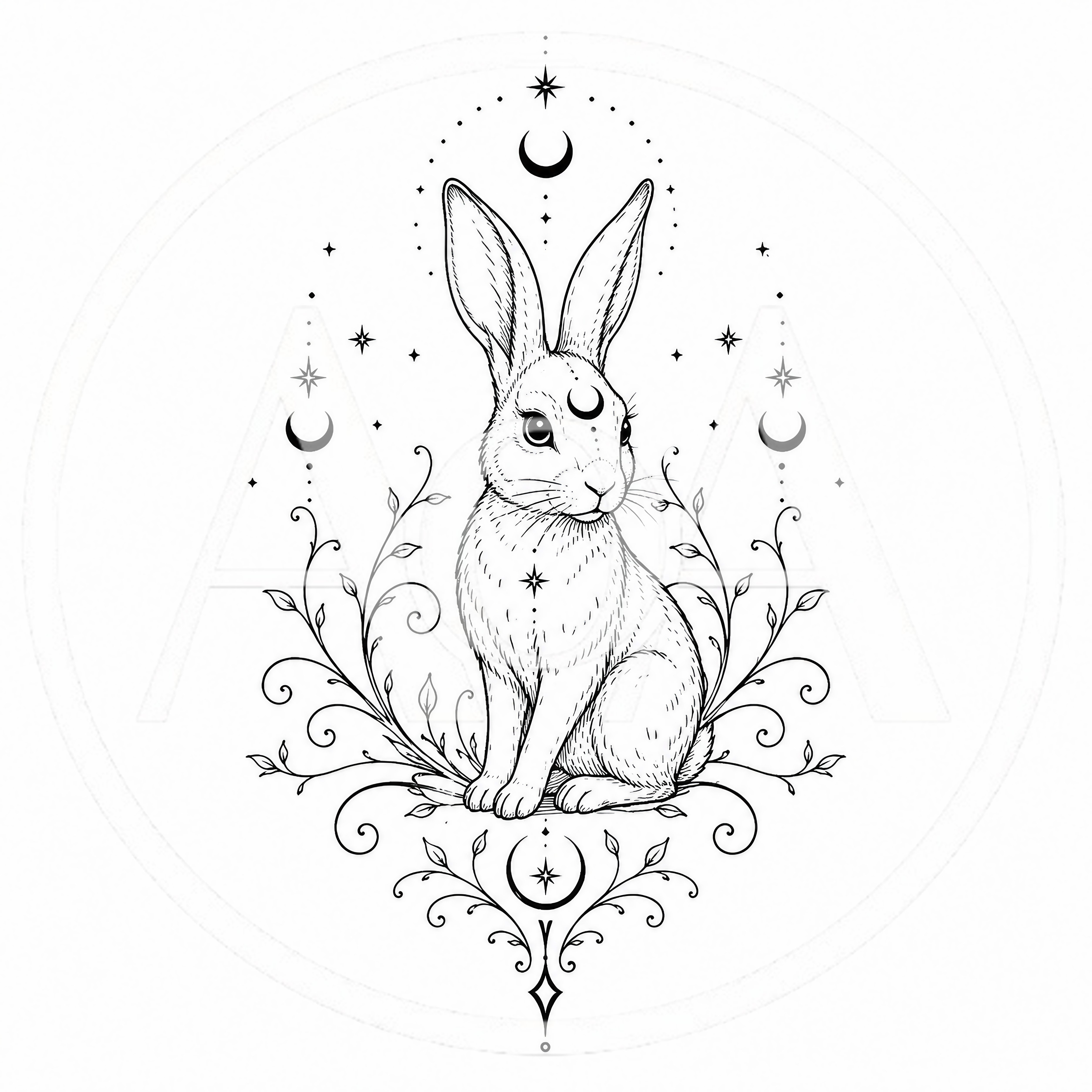 Celestial Rabbit Line Art Illustration With Floral Elements