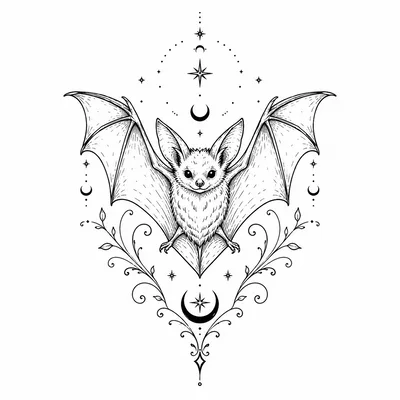 Mystical Bat Illustration With Celestial Elements And Floral Vines