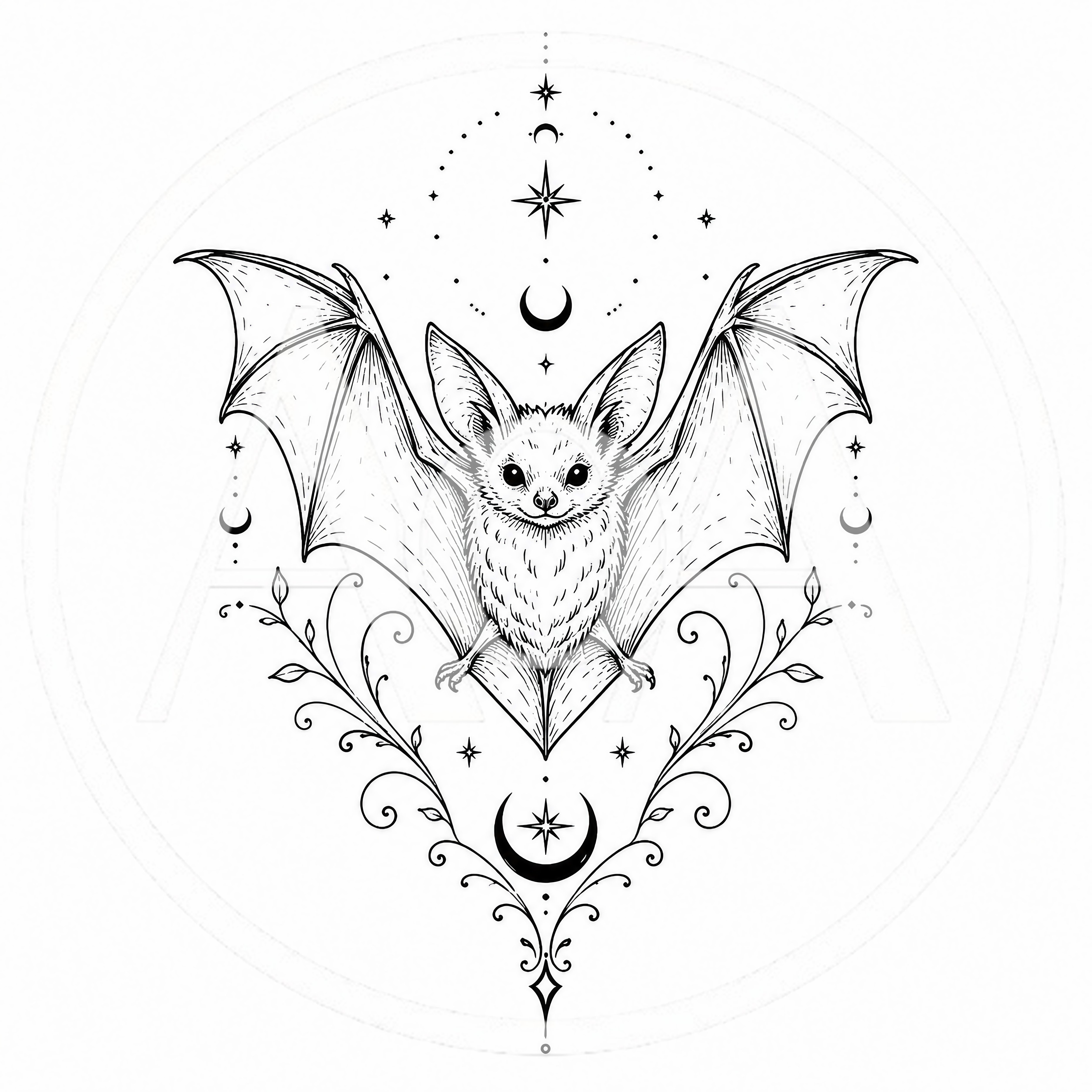 Mystical Bat Illustration With Celestial Elements And Floral Vines