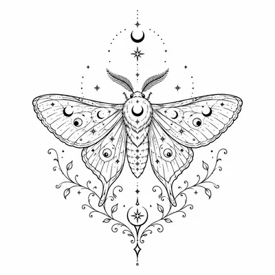 Celestial Moth Illustration With Moon And Star Motifs