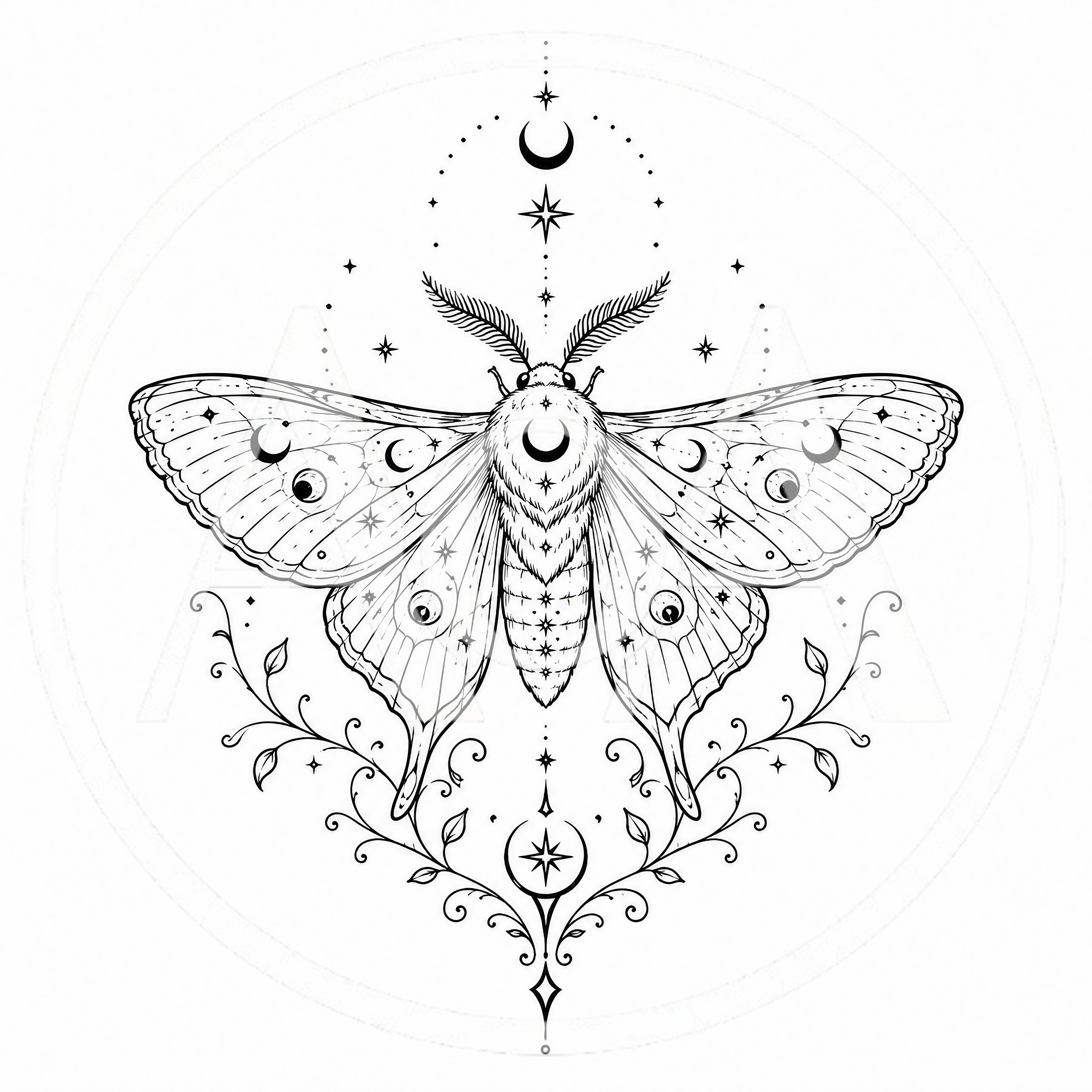 Celestial Moth Illustration With Moon And Star Motifs