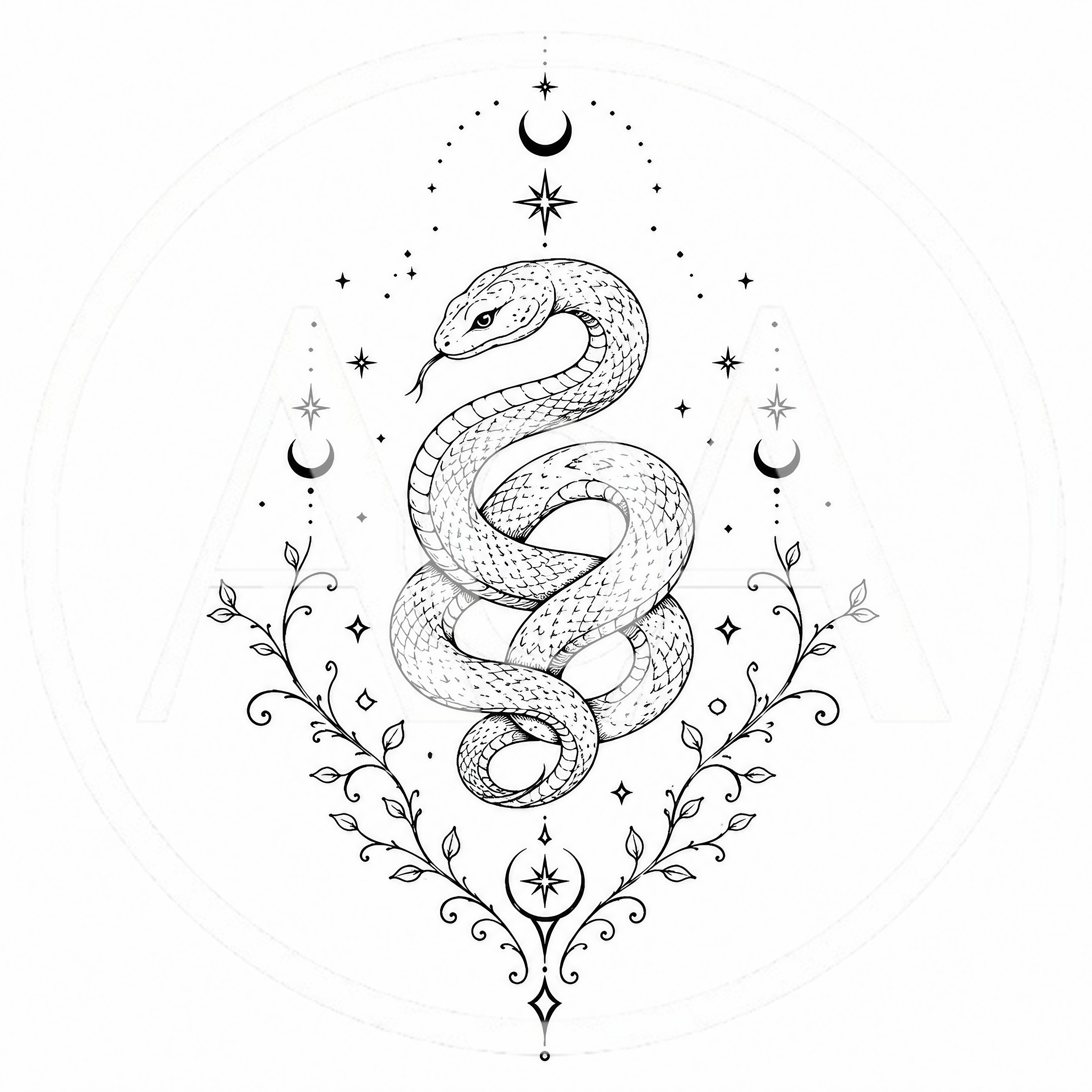Mystical Snake Illustration With Celestial Elements