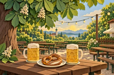 Bavarian Beer Garden With Pretzels And Beer Mugs