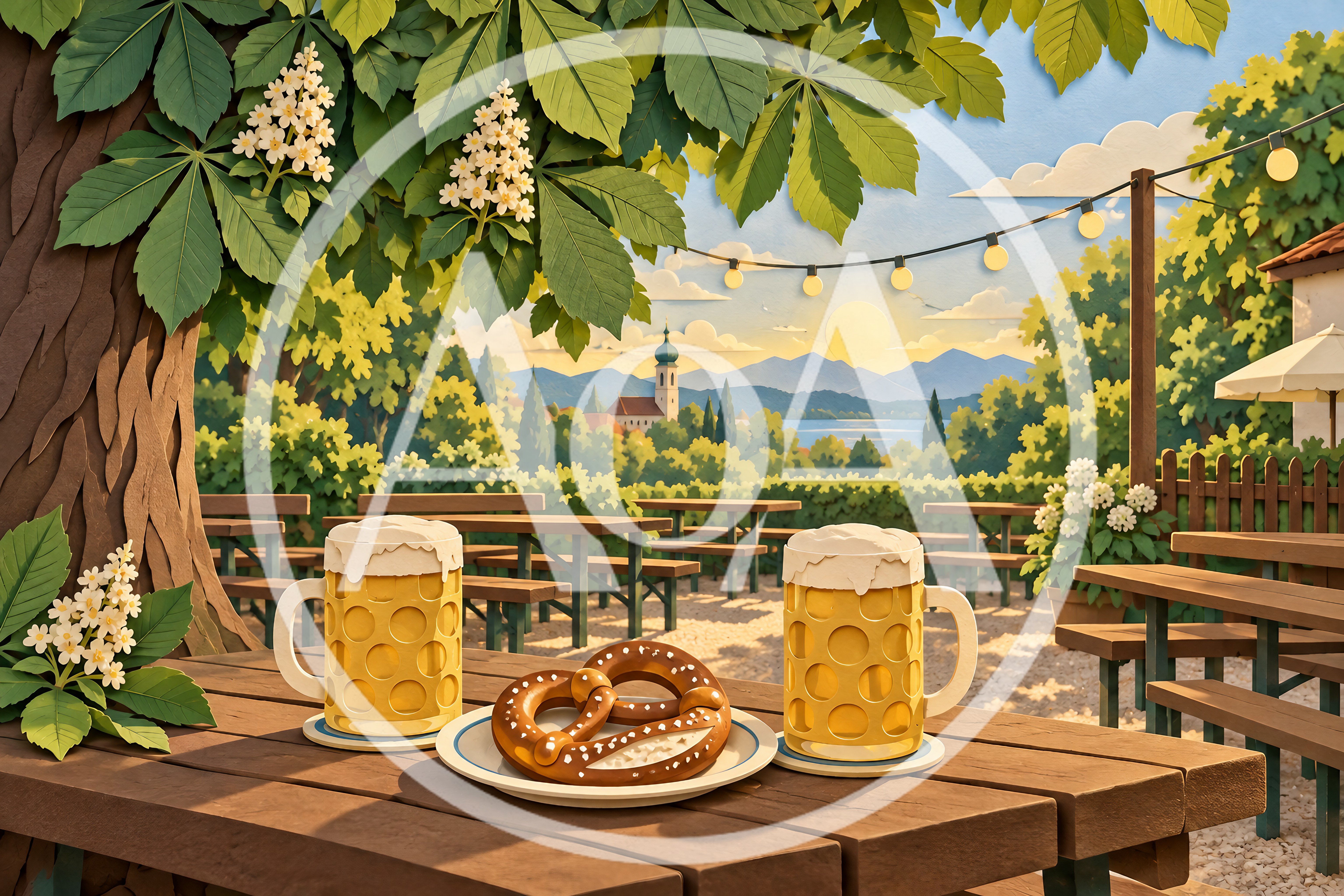 Bavarian Beer Garden With Pretzels And Beer Mugs