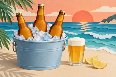 Beer Bottles In Ice Bucket On Tropical Beach