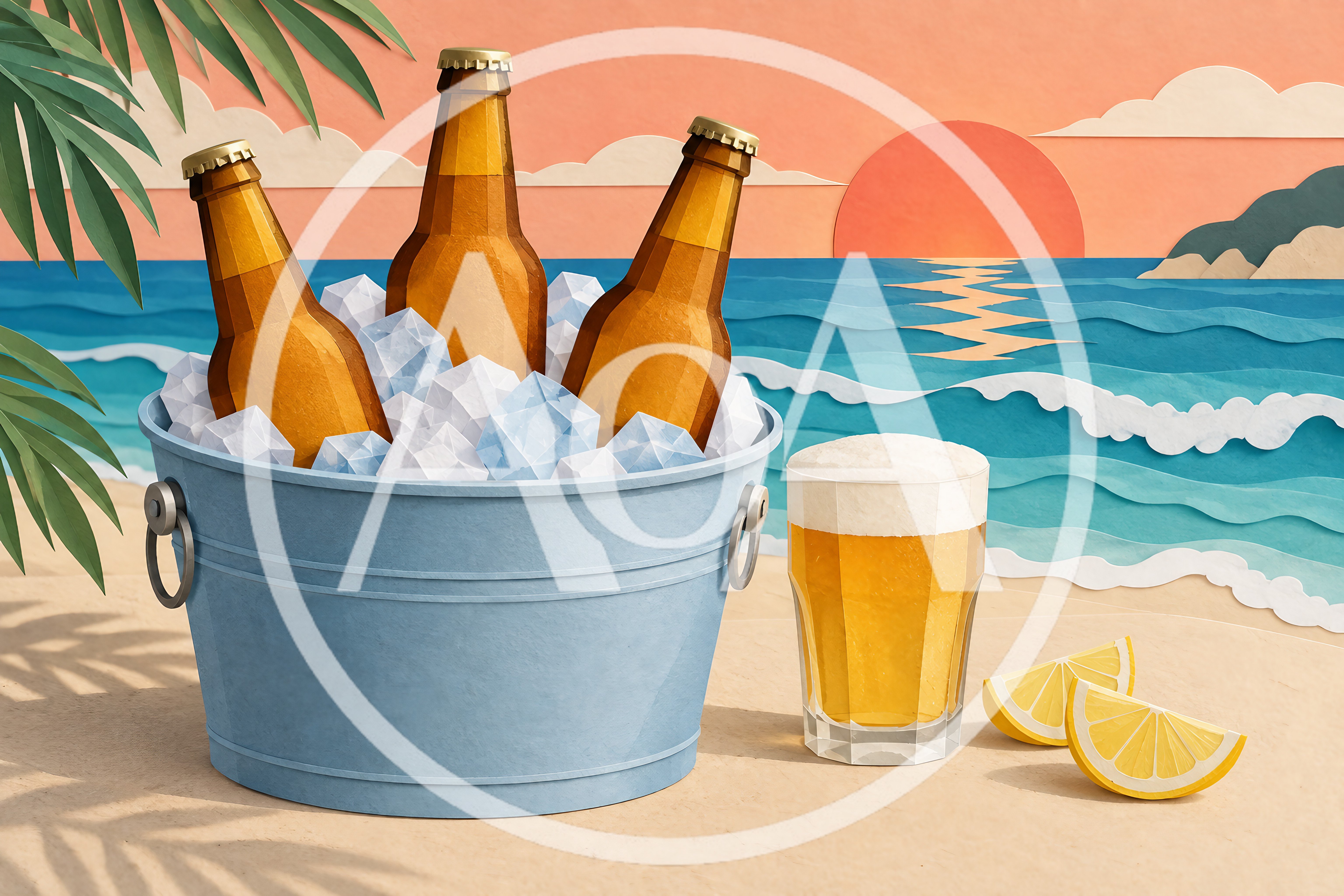 Beer Bottles In Ice Bucket On Tropical Beach
