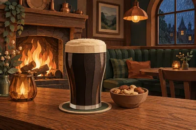 Pint Of Stout On A Pub Table By Fireplace