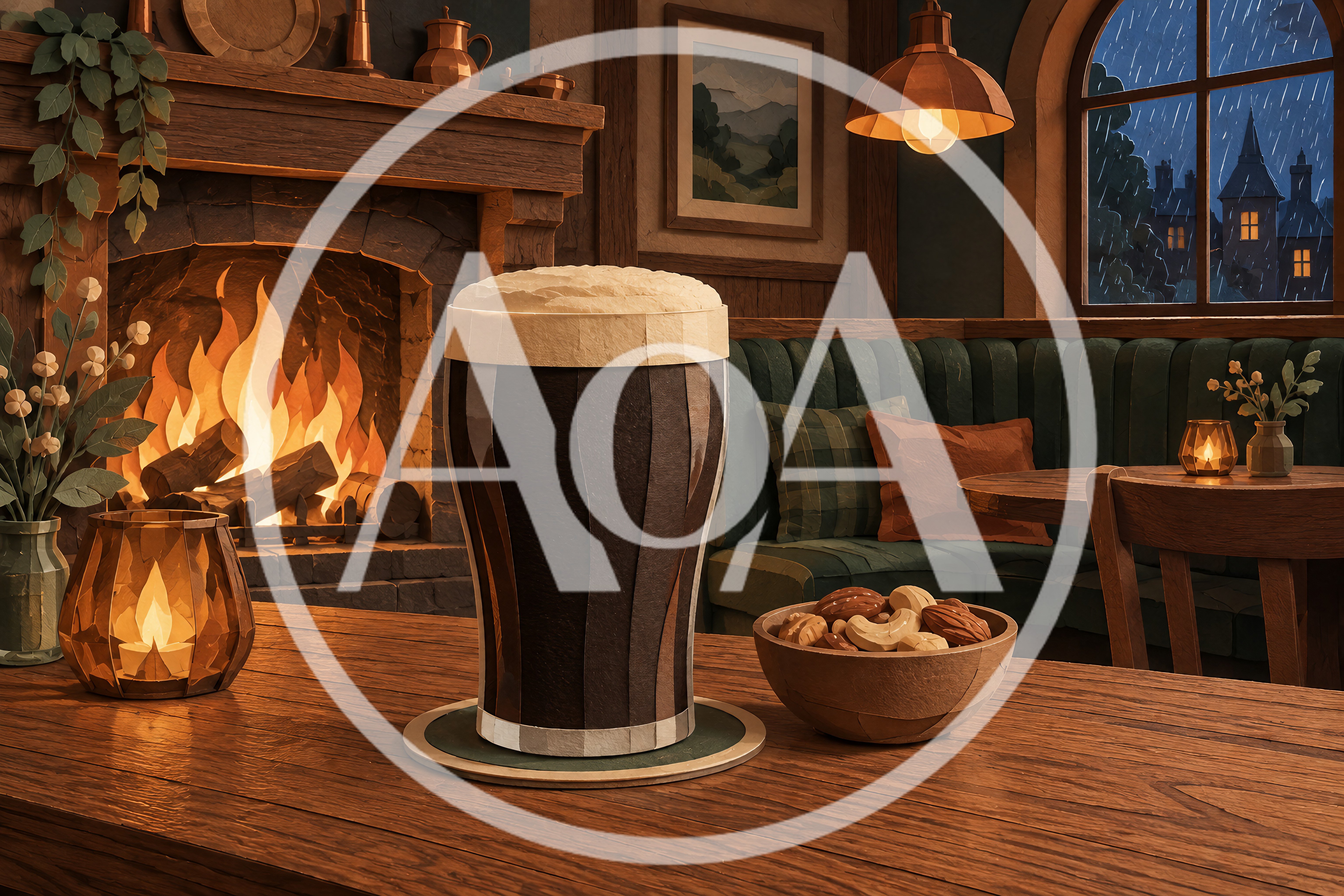 Pint Of Stout On A Pub Table By Fireplace