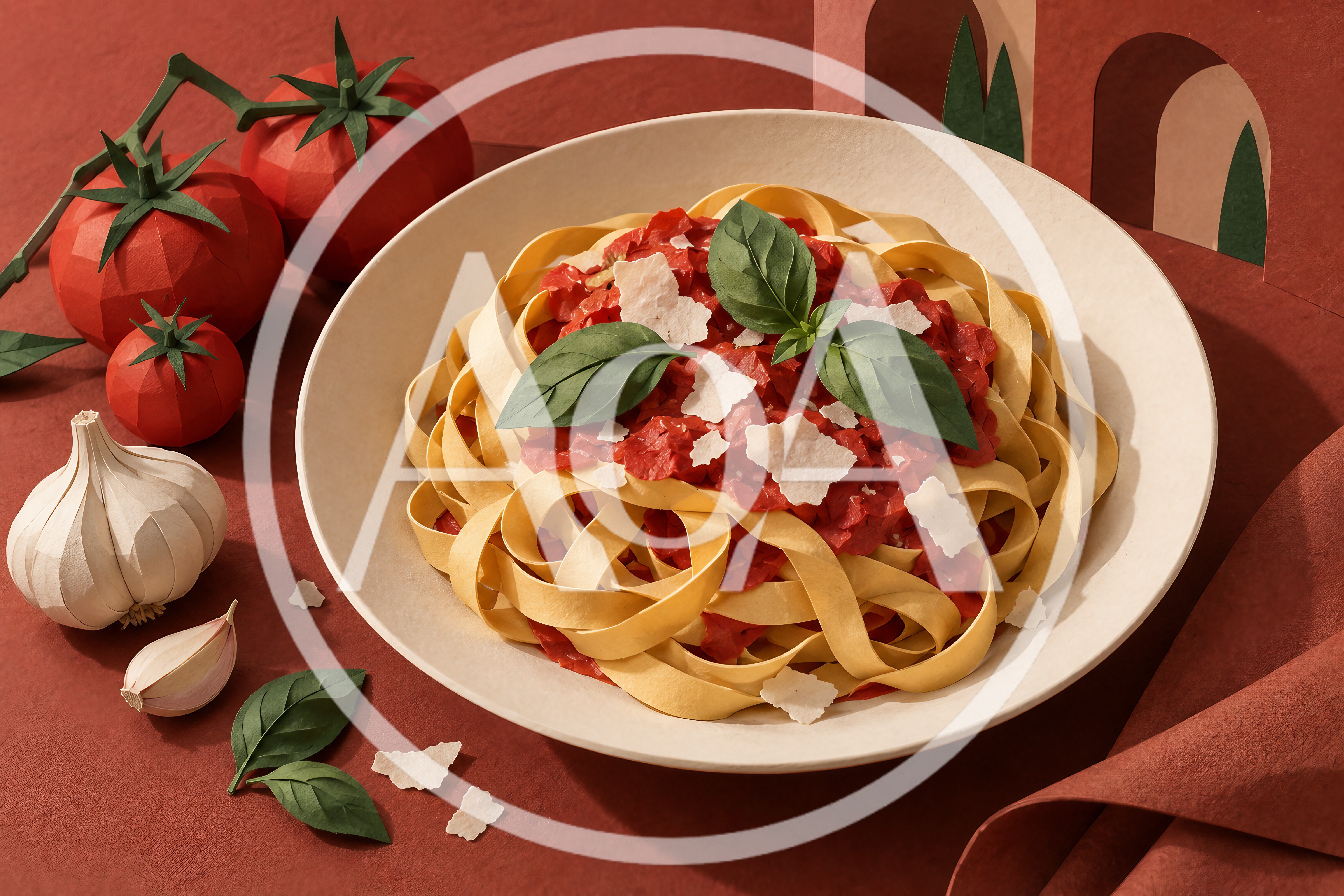 Papercraft Pasta Dish With Tomatoes And Garlic