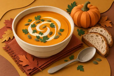Pumpkin Soup Bowl With Bread And Autumn Decorations
