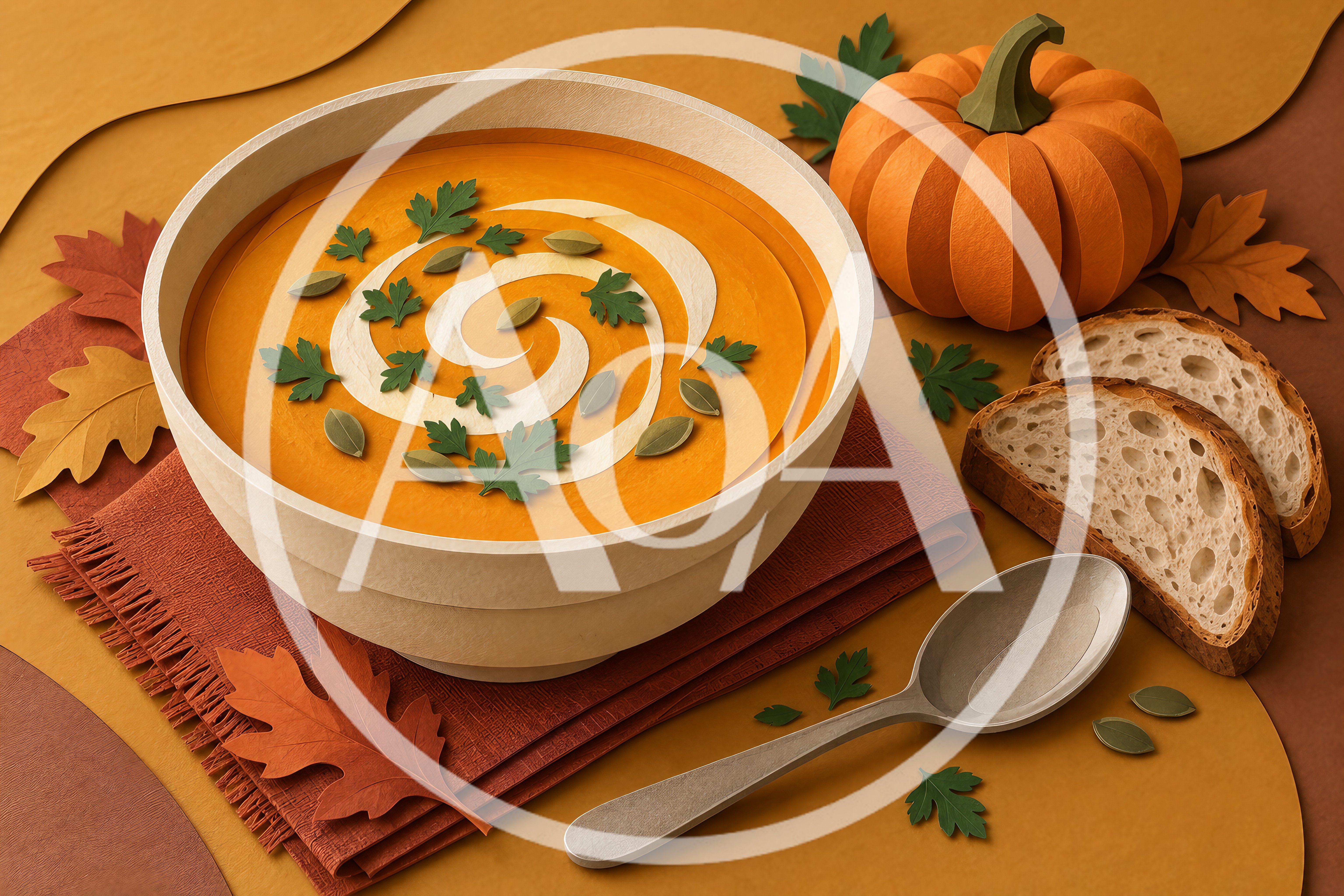 Pumpkin Soup Bowl With Bread And Autumn Decorations