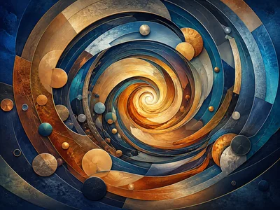 Abstract Golden Spiral Swirl With Metallic Circular Elements