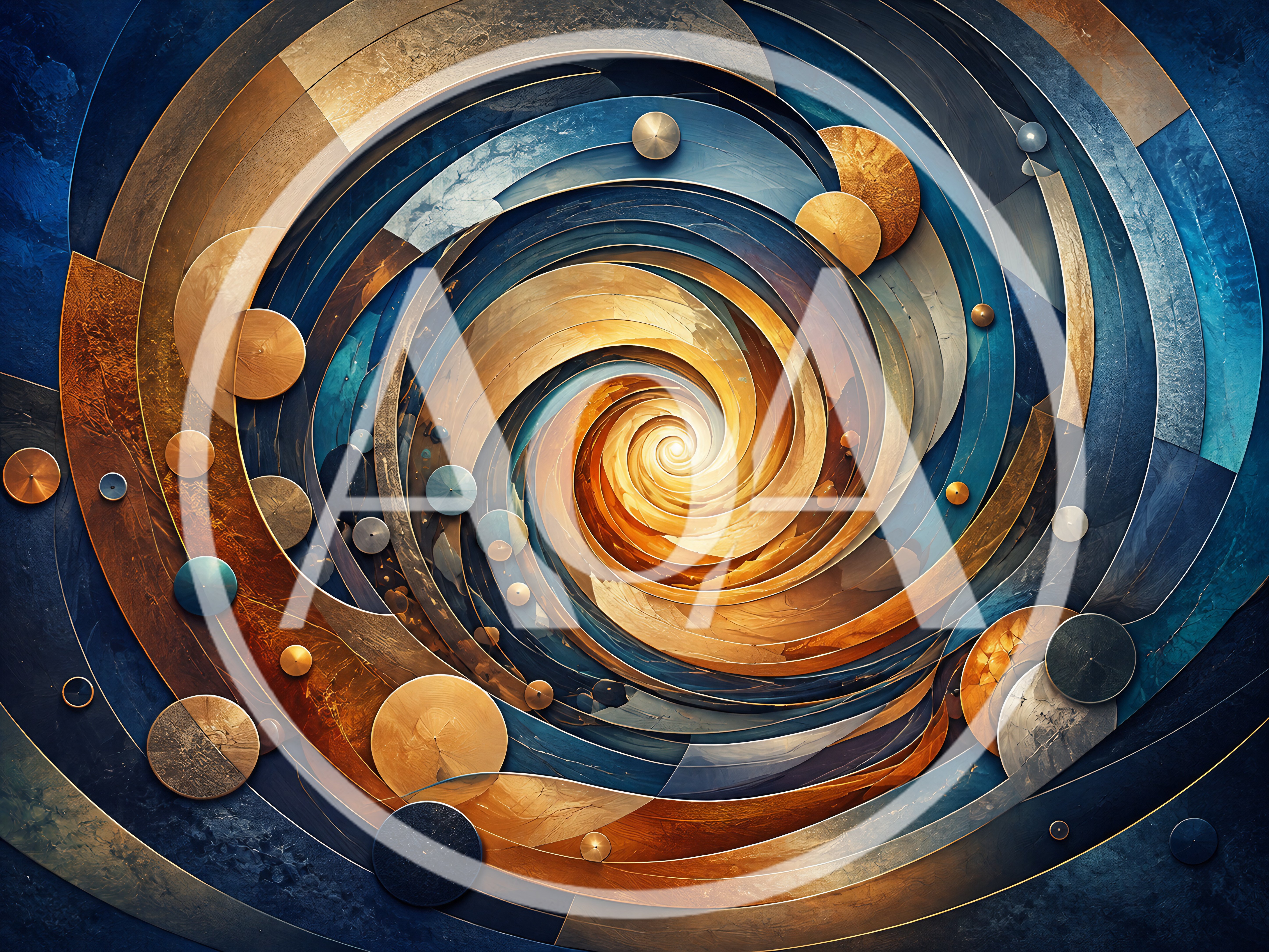 Abstract Golden Spiral Swirl With Metallic Circular Elements