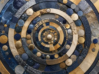 Abstract Circular Mosaic Pattern With Blue And Gold Tones
