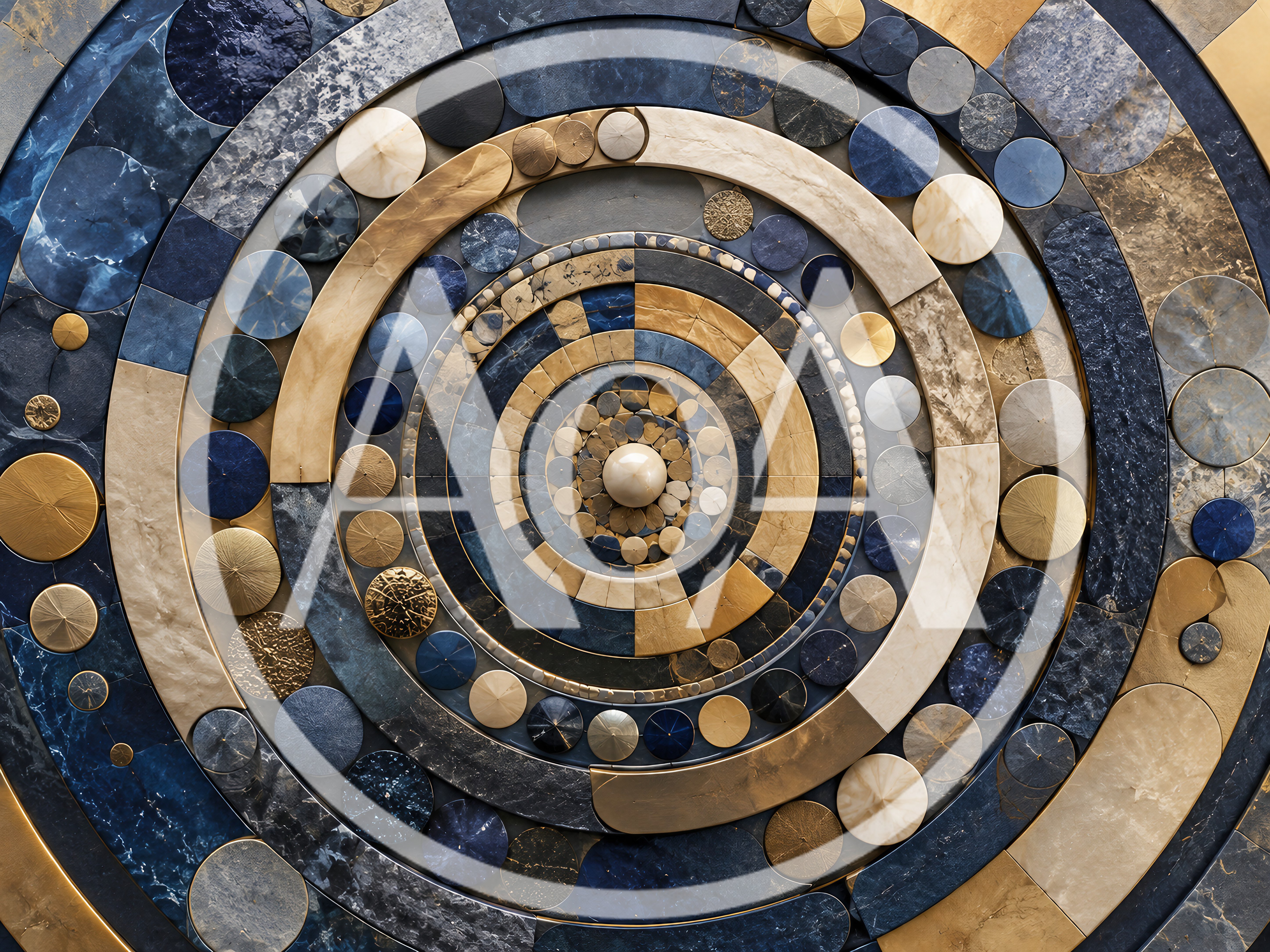 Abstract Circular Mosaic Pattern With Blue And Gold Tones
