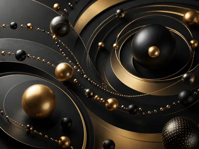 Abstract 3D Composition With Gold And Black Spheres