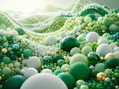 Abstract Landscape Of Green And White Spheres