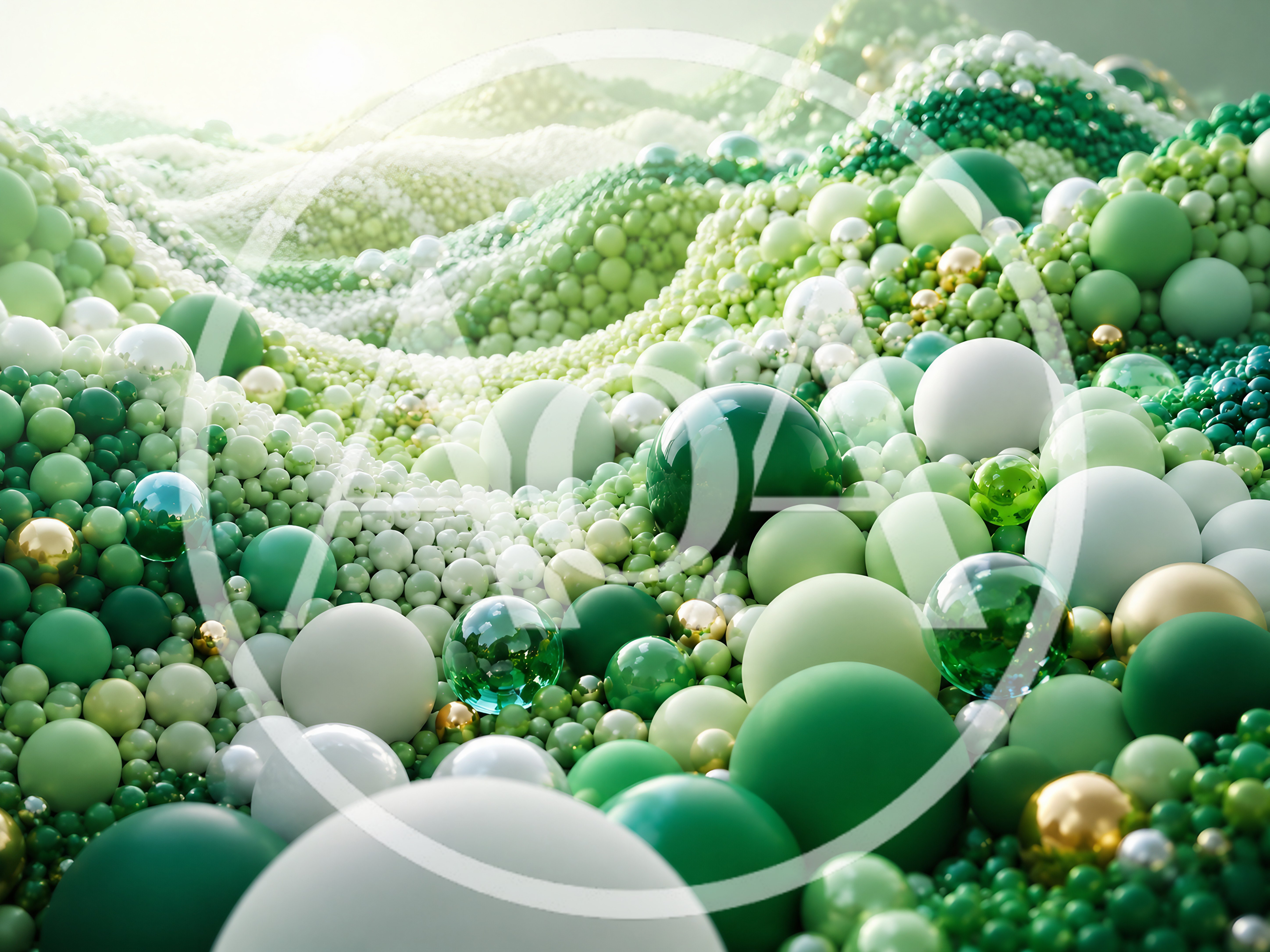 Abstract Landscape Of Green And White Spheres