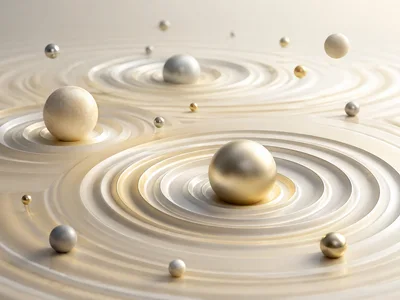 Abstract 3D Spheres Floating Above Concentric Rippled Surface
