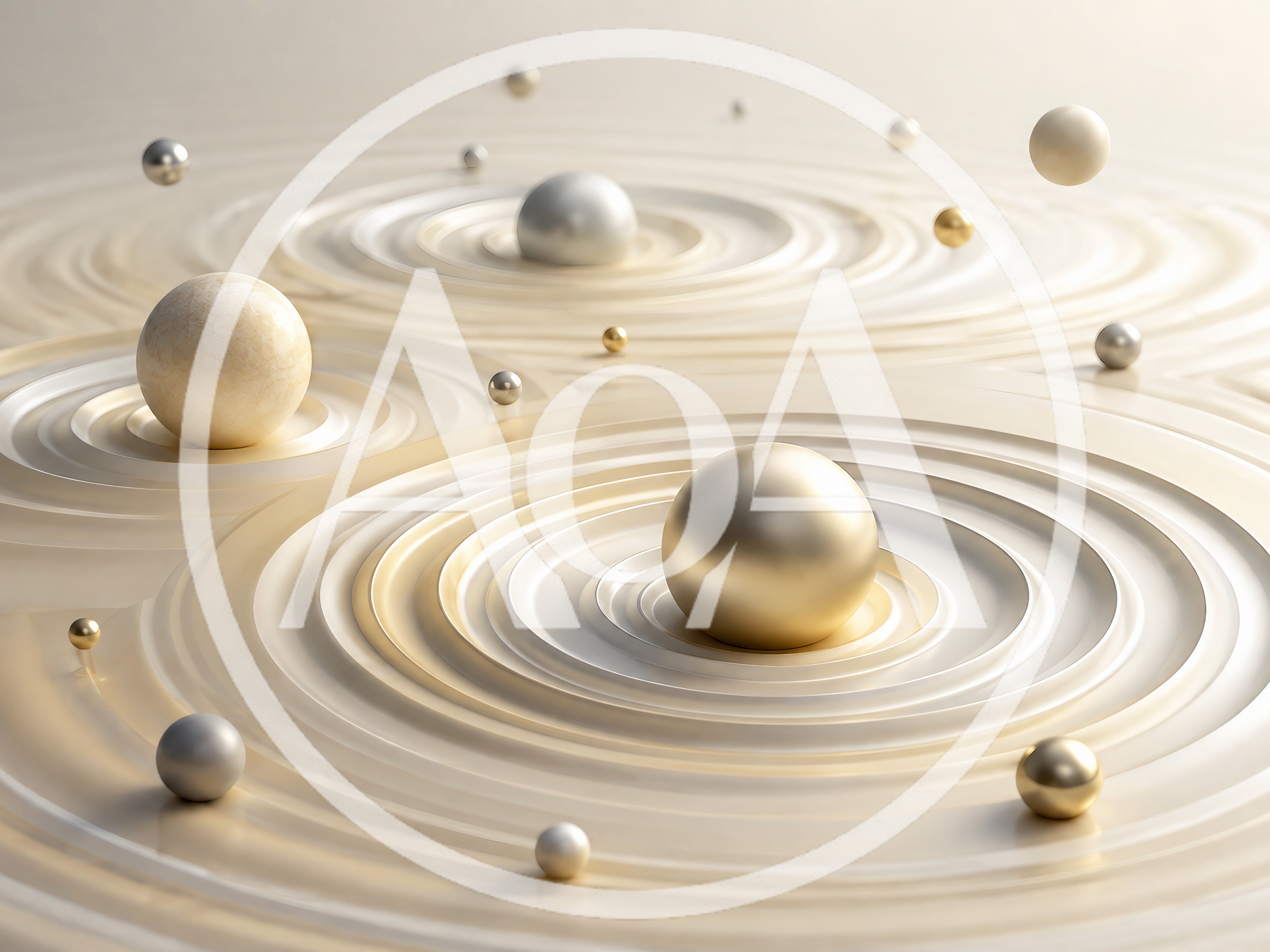 Abstract 3D Spheres Floating Above Concentric Rippled Surface
