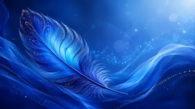 Floating Blue Feather With Golden Accents