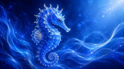 Glowing Blue Seahorse In Ethereal Underwater Environment