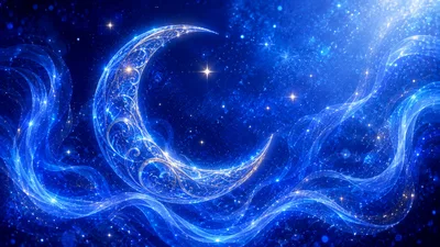 Ornate Glowing Crescent Moon In A Magical Starry Sky
