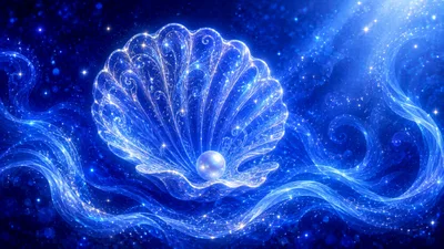 Glowing Seashell With Pearl In Cosmic Ocean