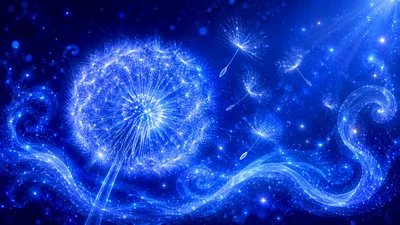 Glowing Blue Dandelion With Floating Seeds In Magical Atmosphere