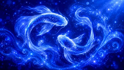 Two Glowing Blue Koi Fish Swimming In Cosmic Water