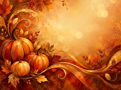 Autumn Harvest Pumpkins With Fall Foliage Background