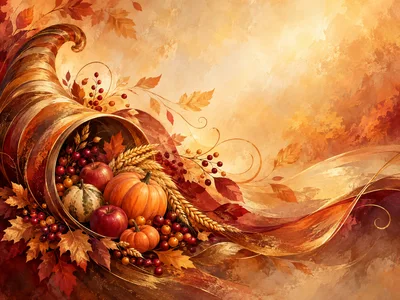 Thanksgiving Cornucopia With Autumn Harvest Fruits And Vegetables