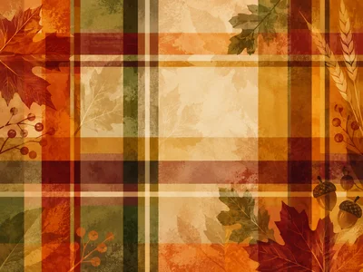 Autumn Plaid Background With Fall Leaves And Acorns