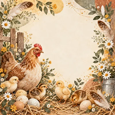 Mother Hen With Chicks In A Rustic Farm Setting