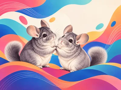 Two Cute Chinchillas Holding Hands On Abstract Background