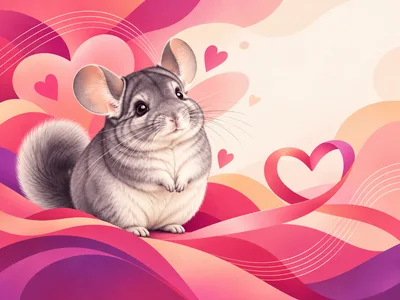 Cute Chinchilla Surrounded By Abstract Hearts And Ribbons