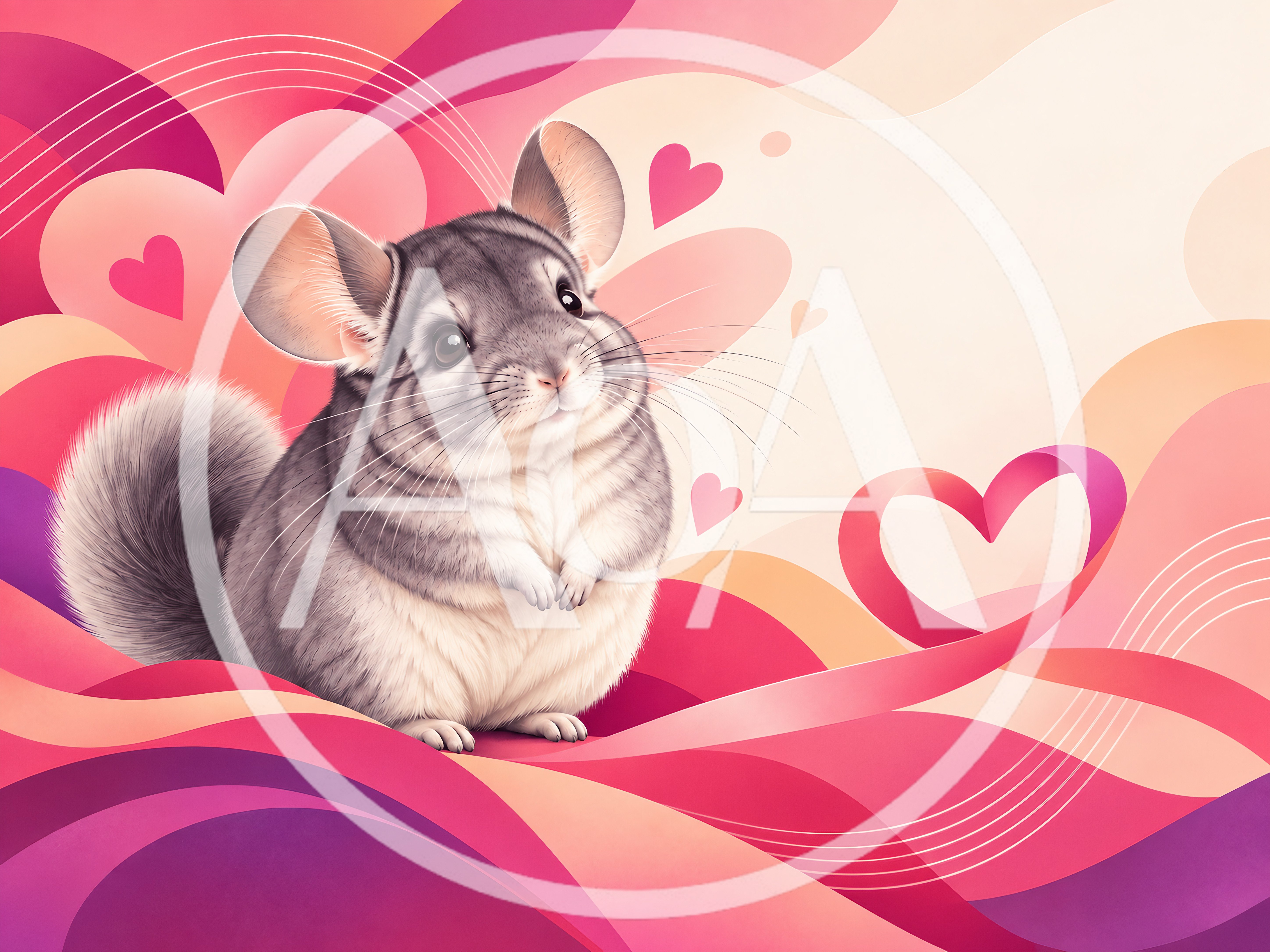 Cute Chinchilla Surrounded By Abstract Hearts And Ribbons
