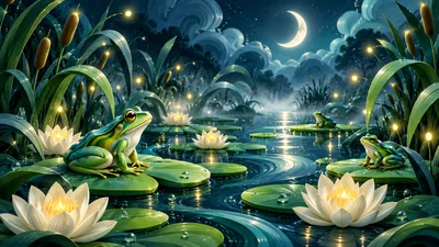 Frogs Resting On Lily Pads In A Magical Pond
