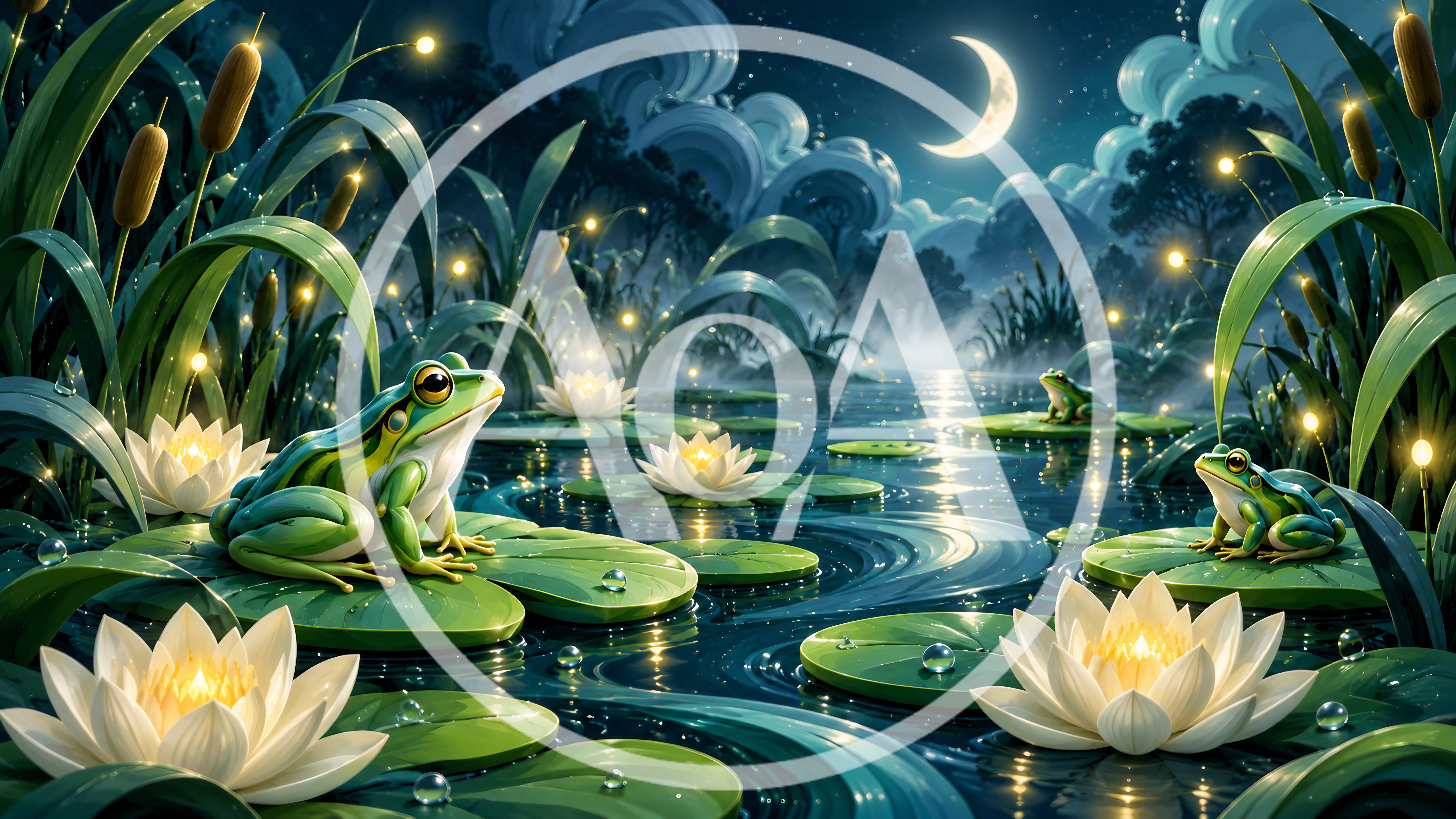 Frogs Resting On Lily Pads In A Magical Pond